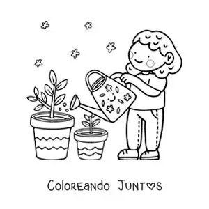 Imagen para colorear de una linda niña regando sus plantas