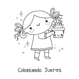 Imagen para colorear de una niña con una planta animada