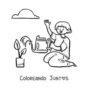 Imagen para colorear de un chico regando una planta en una maceta