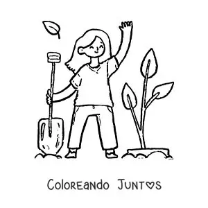 Imagen para colorear de una chica trasplantando una planta a la tierra