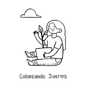 Imagen para colorear de una chica abrazando una planta en su maceta