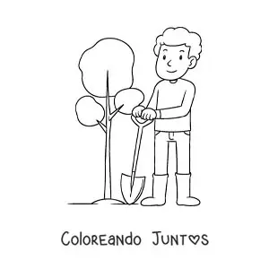 Imagen para colorear de un chico sembrando una planta en la tierra