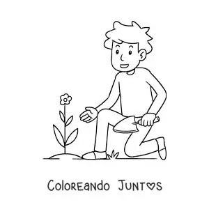 Imagen para colorear de un joven plantando una flor