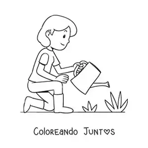 Imagen para colorear de una joven regando las plantas de su jardín