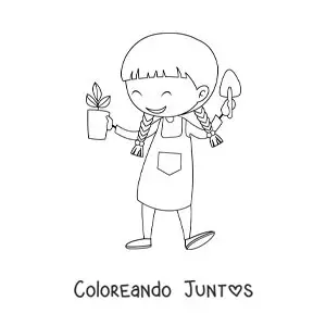 Imagen para colorear de una niña con una maceta y una pala de jardinería