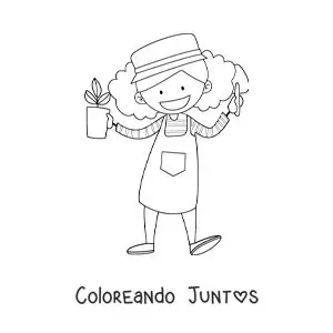 Imagen para colorear de una niña jardinera con una maceta y una pala