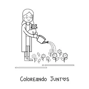Imagen para colorear de una mujer con su gato regando flores