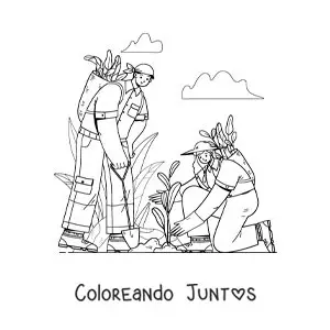 Imagen para colorear de una pareja cuidando de su jardín
