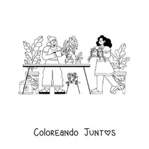 Imagen para colorear de dos chicas cuidando de las plantas en un invernadero