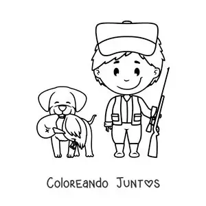 Imagen para colorear de un cazador junto a un perro de caza que atrapó a un pato