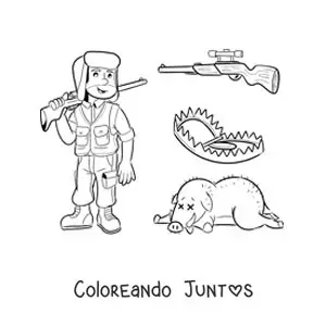 Imagen para colorear de un cazador de jabalíes con trampas y un arma