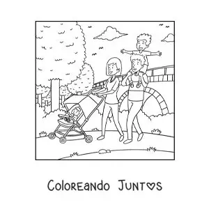 Imagen para colorear de una familia de paseo en el parque