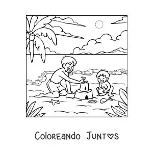 Imagen para colorear de un padre construyendo un castillo de arena con su hijo en la playa