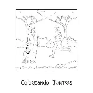Imagen para colorear de un chico trotando y un hombre paseando a su perro en el parque