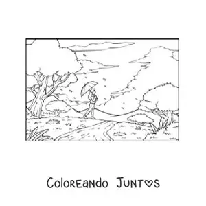 Imagen para colorear de una chica de paseo en el parque con una sombrilla en otoño