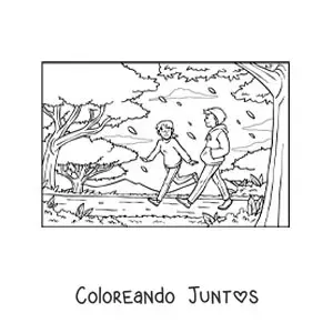Imagen para colorear de una pareja de jóvenes de paseo en el parque en otoño