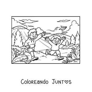 Imagen para colorear de dos hermanos corriendo en el parque