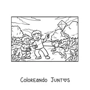 Imagen para colorear de dos hermanos jugando con un cometa con su perro en el parque