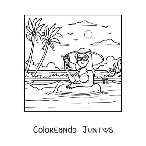 Imagen para colorear de una chica con sombrero de vacaciones en una piscina
