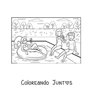 Imagen para colorear de un grupo de amigos jóvenes en una fiesta en la piscina