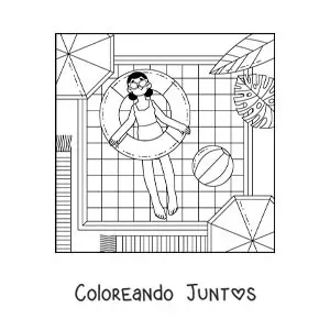 Imagen para colorear de una chica de vacaciones flotando en una piscina