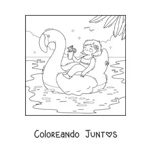 Imagen para colorear de una niña de vacaciones en un flotador de flamingo en la piscina