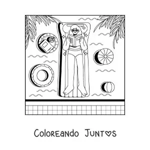 Imagen para colorear de una chica de vacaciones leyendo en una piscina