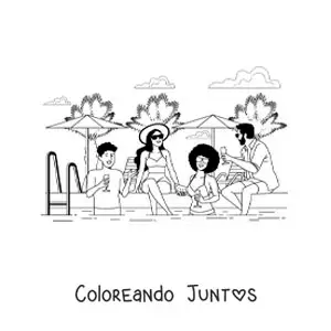 Imagen para colorear de un grupo de amigos adultos en una fiesta de verano en la piscina
