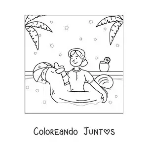 Imagen para colorear de una chica con un flotador de unicornio en una piscina