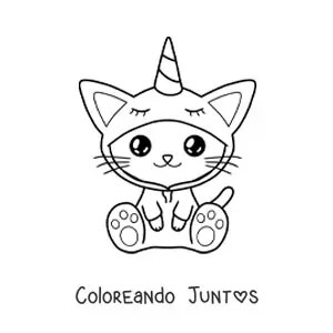 Imagen para colorear de un gato kawaii disfrazado de unicornio