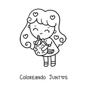 Imagen para colorear de una niña kawaii sujetando un unicornio de juguete