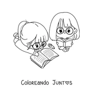 Imagen para colorear de dos niñas kawaii estudiando