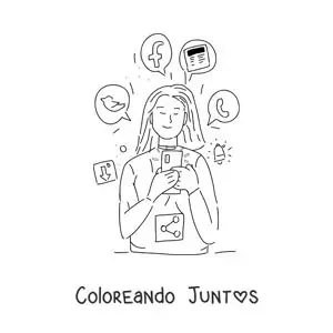 Imagen para colorear de una chica viendo las redes sociales en su teléfono