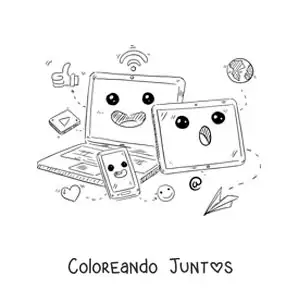 Imagen para colorear de una laptop, un teléfono y una tablet kawaii conectados al internet