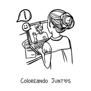 Imagen para colorear de una niña en una videollamada desde su laptop