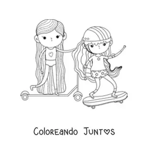 Imagen para colorear de dos niñas en patines haciendo ejercicio