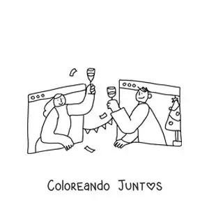 Imagen para colorear de una caricatura de dos personas comunicándose a distancia por una videollamada