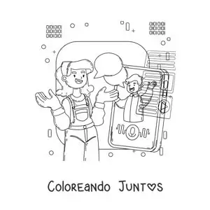 Imagen para colorear de una chica y un chico hablando por videollamada en el teléfono