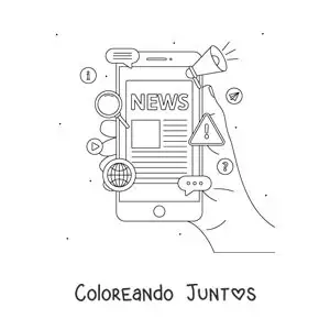 Imagen para colorear de una mano sosteniendo un teléfono que en su pantalla muestra noticias