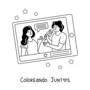 Imagen para colorear de una entrevista periodística en la pantalla de una tablet