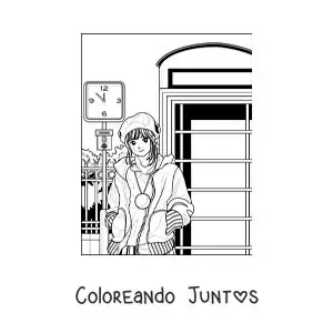Imagen para colorear de una chica anime aesthetic junto a una cabina telefónica