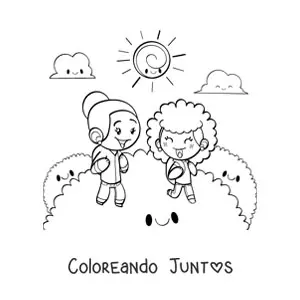 Imagen para colorear de dos niñas felices de paseo por el campo