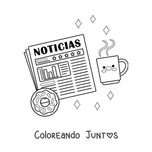 Imagen para colorear de un periódico con una dona y un café animado kawaii