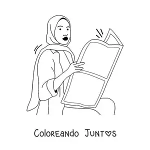 Imagen para colorear de una mujer con hijab sentada leyendo el periódico