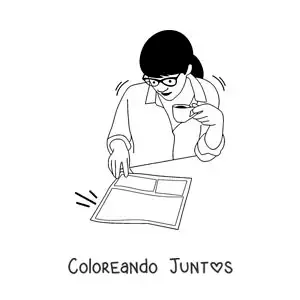 Imagen para colorear de una mujer sentada leyendo el periódico y tomando un café