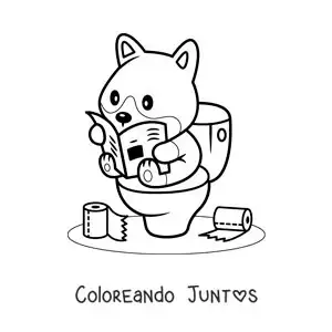 Imagen para colorear de un perro animado sentado en el baño leyendo el periódico