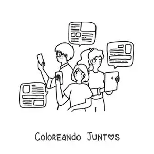 Imagen para colorear de un grupo de jóvenes leyendo las noticias por internet