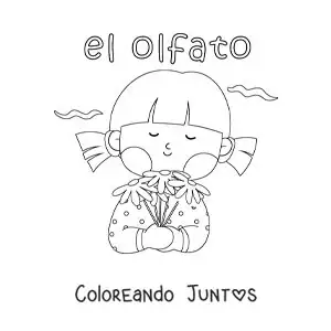 Imagen para colorear de una niña animada oliendo una flor