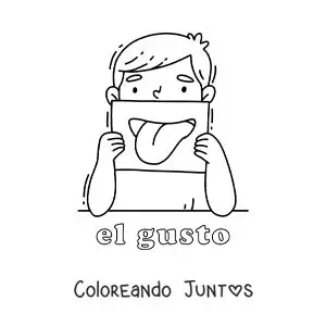 Imagen para colorear de un niño mostrando su boca con el texto "el gusto"