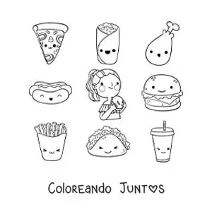 Imagen para colorear de una niña con alimentos animados de distintos sabores
